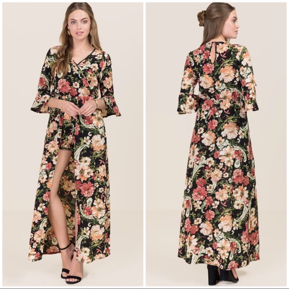 Francesca's Collections Dresses & Skirts - Floral maxi romper, lantern sleeves